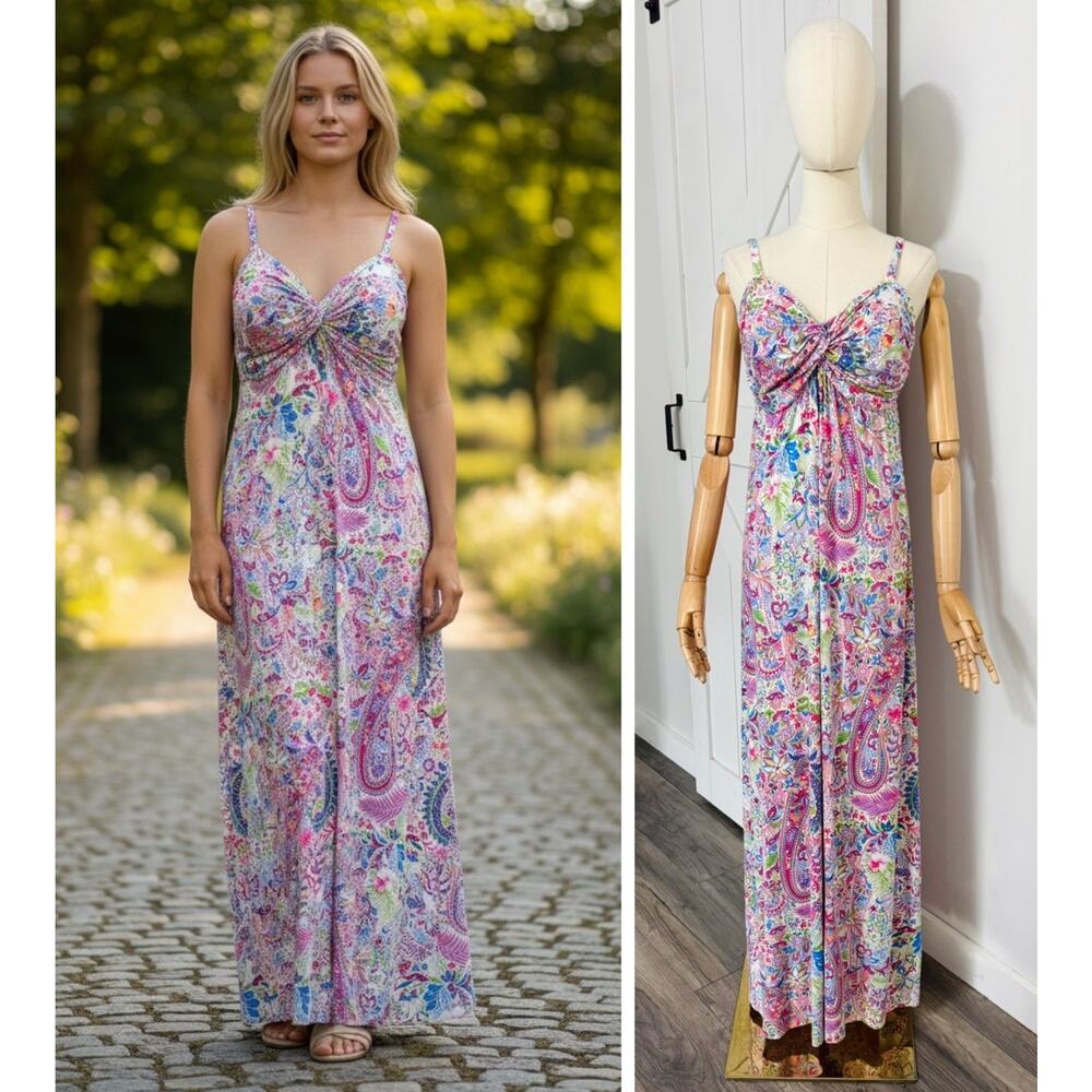 Tommy Bahama Size L Palais Multicolor Paisley Jersey Empire Waist Maxi Dress